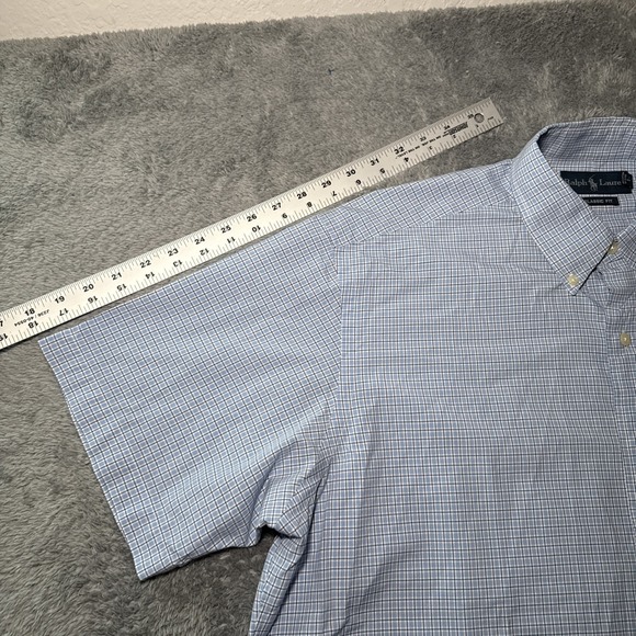 Ralph Lauren Classic Fit Men's L Button Down Short Sleeve Blue Plaid Pink Pony - Picture 7 of 16